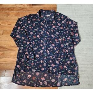 Hollister Sheer Button Up Shirt Blouse Floral Blue Long Sleeve High Low Hem M
